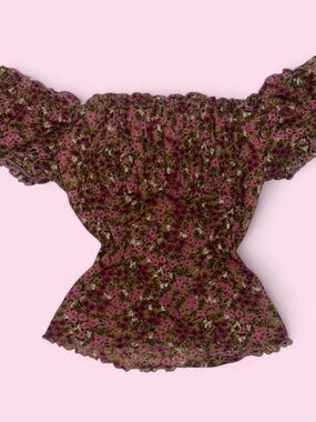 Y2K A. Byer Pink and Brown Floral Off-Shoulder Peplum Top